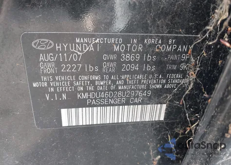 2008 Hyundai Elantra Gls/Se/Limited из США, поврежденный, VIN KMHDU46D28U297649